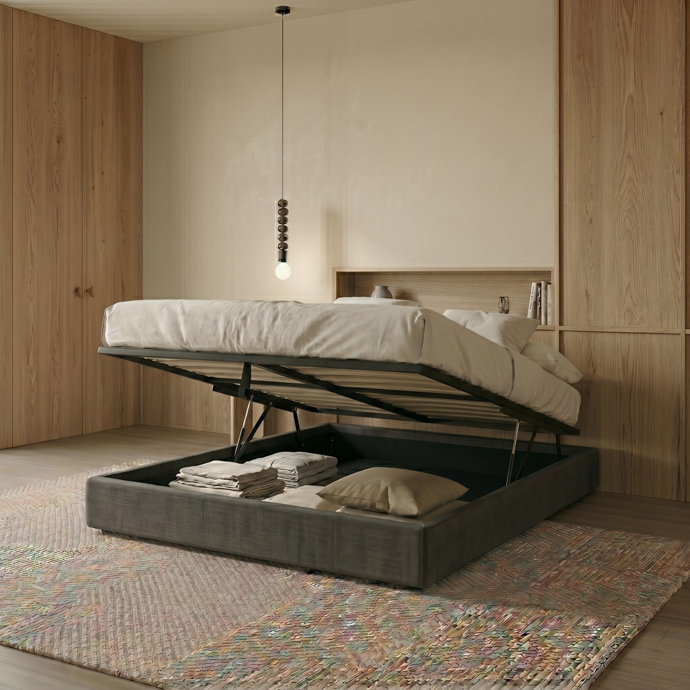 Storage bed with side and front opening, grey fabric - Parallel Collection