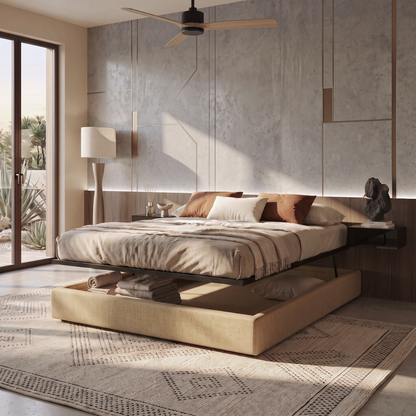 Storage bed with side and front opening, sand-colored fabric - Parallel Collection