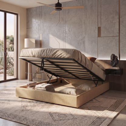 Storage bed with side and front opening, sand-colored fabric - Parallel Collection