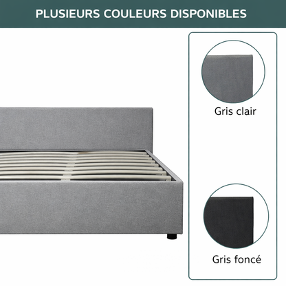 Innovatives Lounge-Stauraumbett in hellgrauem Stoff: Mit der horizontalen Öffnung wird das Bettenmachen zum Kinderspiel!