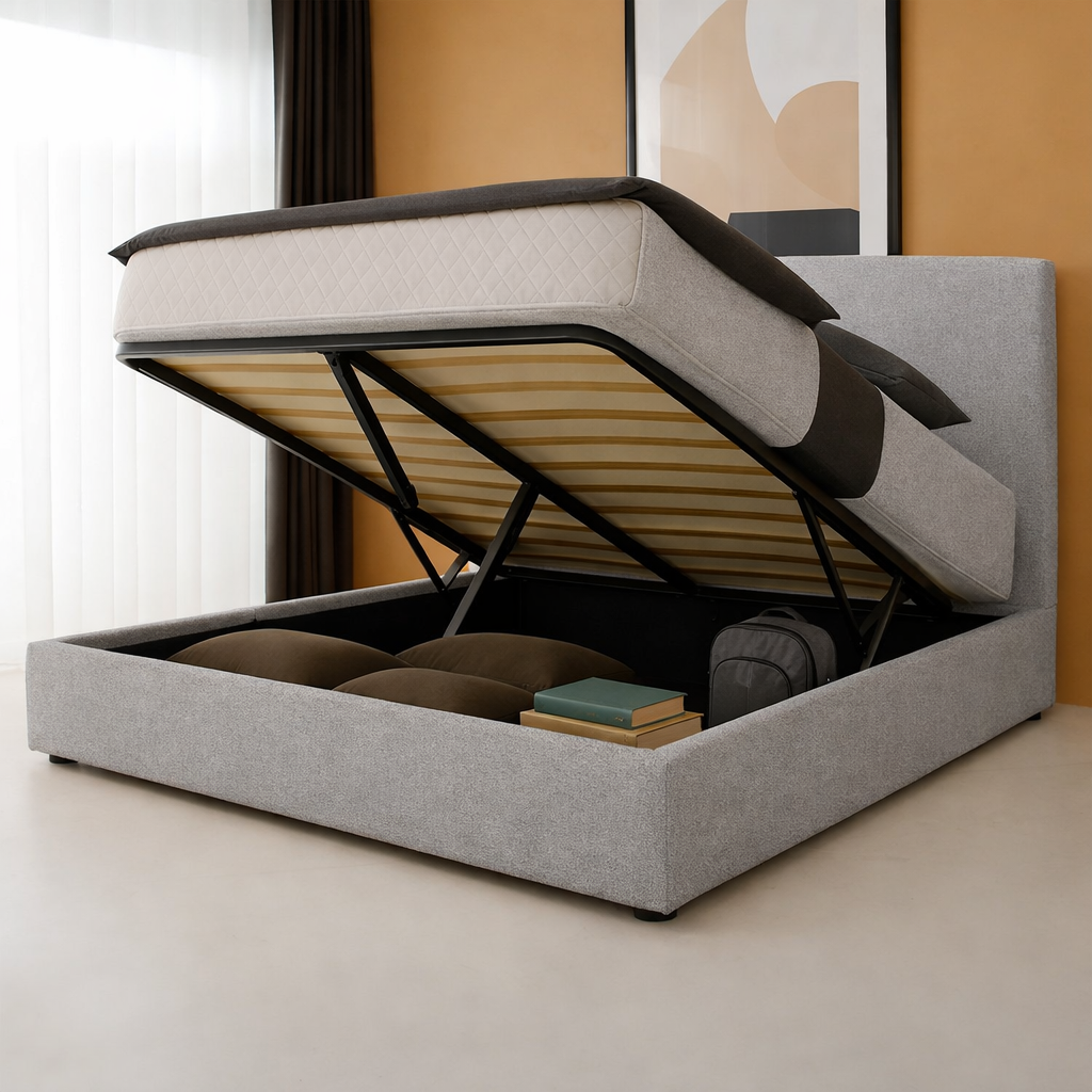 Innovatives Lounge-Stauraumbett in hellgrauem Stoff: Mit der horizontalen Öffnung wird das Bettenmachen zum Kinderspiel!