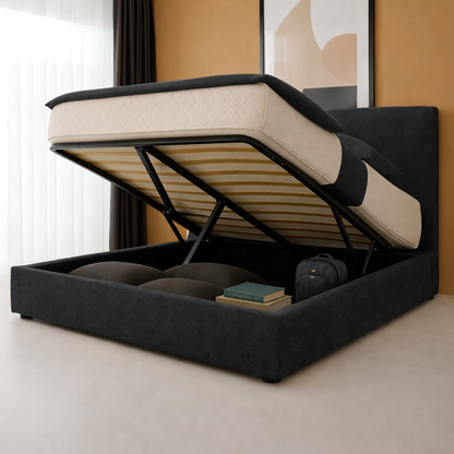 Innovatives Lounge-Stauraumbett in hellgrauem Stoff: Mit der horizontalen Öffnung wird das Bettenmachen zum Kinderspiel!