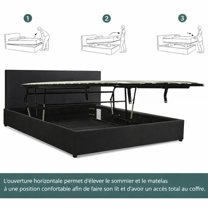 Innovatives Lounge-Stauraumbett in hellgrauem Stoff: Mit der horizontalen Öffnung wird das Bettenmachen zum Kinderspiel!