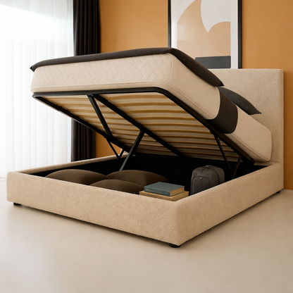 Innovatives Lounge-Stauraumbett in schwarzem Kunstleder: Mit der horizontalen Öffnung wird das Bettenmachen zum Kinderspiel!
