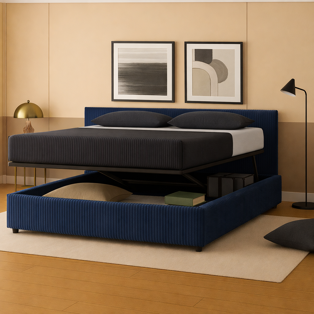 Innovatives Lounge-Stauraumbett in schwarzem Kunstleder: Mit der horizontalen Öffnung wird das Bettenmachen zum Kinderspiel!