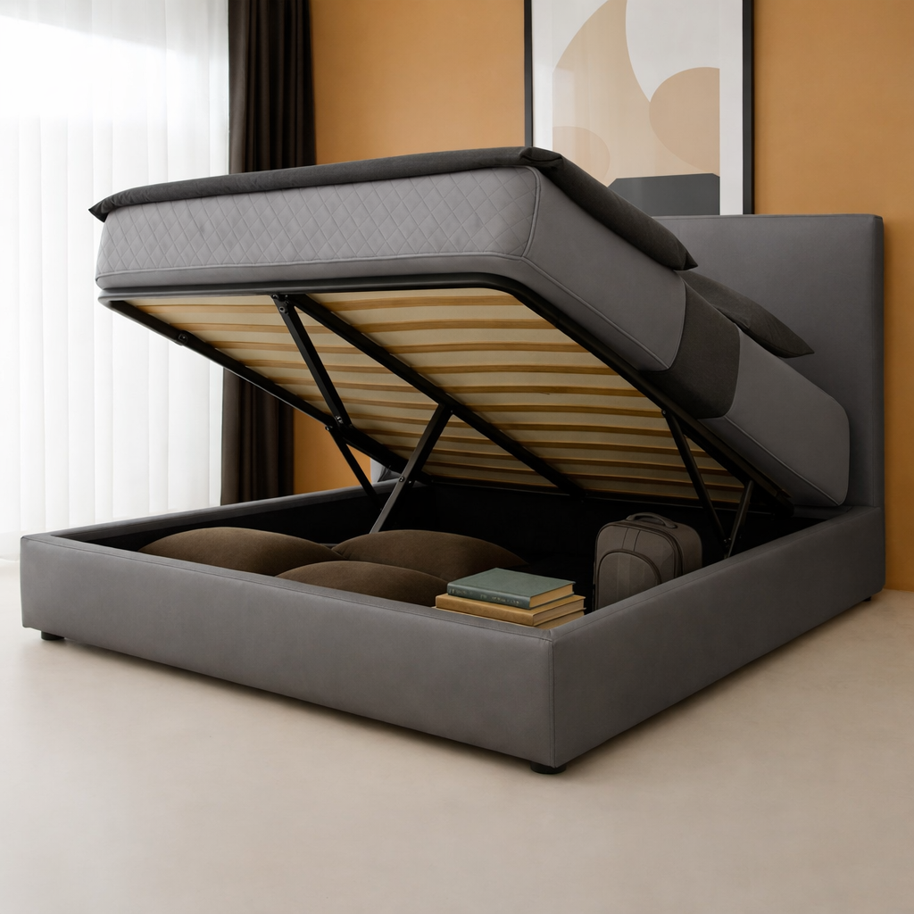 Innovatives Lounge-Stauraumbett in hellgrauem Stoff: Mit der horizontalen Öffnung wird das Bettenmachen zum Kinderspiel!