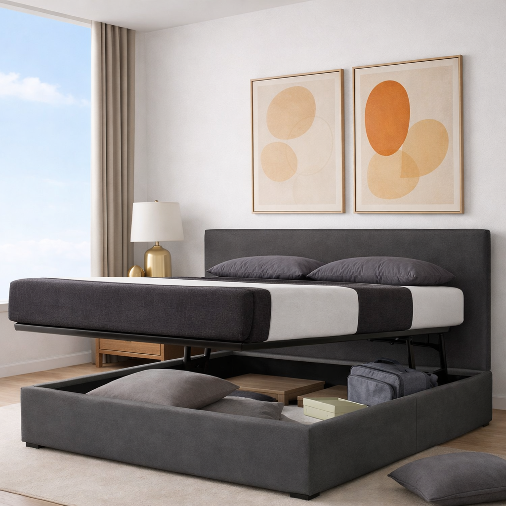 Innovatives Lounge-Stauraumbett in hellgrauem Stoff: Mit der horizontalen Öffnung wird das Bettenmachen zum Kinderspiel!