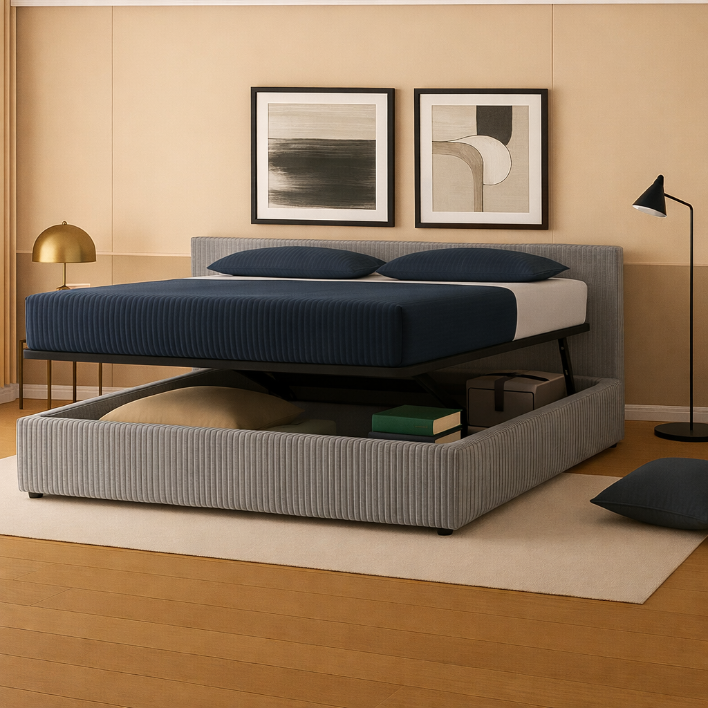 Innovatives Lounge-Stauraumbett in schwarzem Kunstleder: Mit der horizontalen Öffnung wird das Bettenmachen zum Kinderspiel!