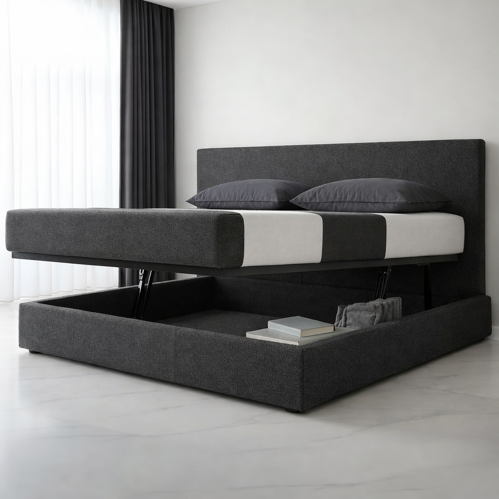 Innovatives Lounge-Stauraumbett in schwarzem Kunstleder: Mit der horizontalen Öffnung wird das Bettenmachen zum Kinderspiel!