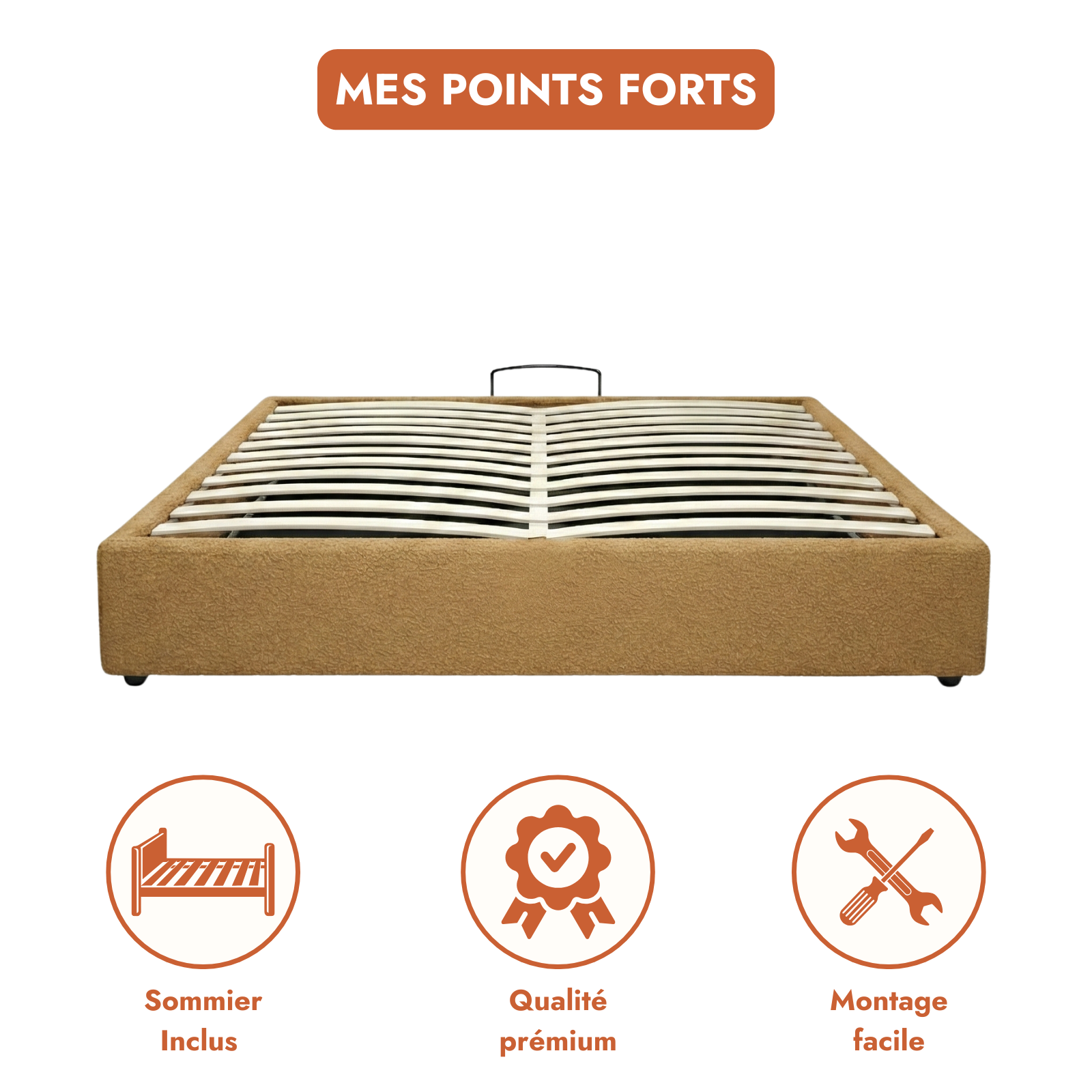 Electric storage bed with bouclé fabric, remote control, flexible slatted base - Futura Collection