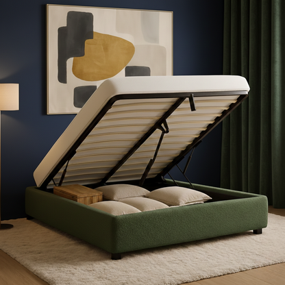 Electric storage bed with bouclé fabric, remote control, flexible slatted base - Futura Collection