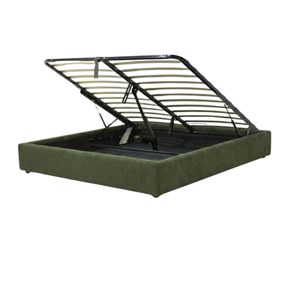Electric storage bed with bouclé fabric, remote control, flexible slatted base - Futura Collection