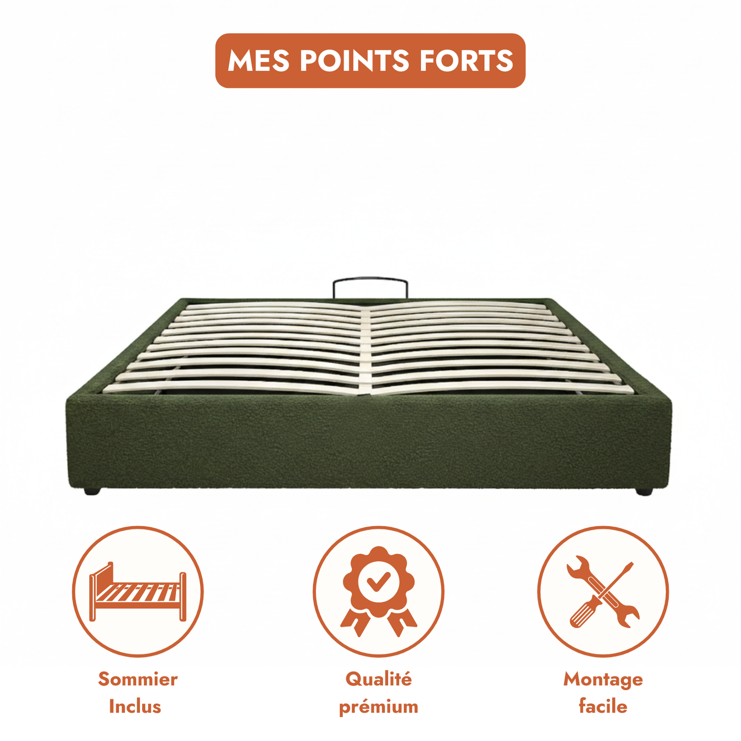 Electric storage bed with bouclé fabric, remote control, flexible slatted base - Futura Collection