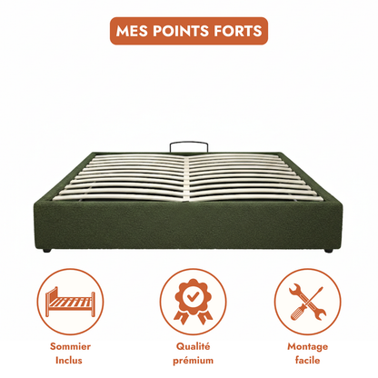 Electric storage bed with bouclé fabric, remote control, flexible slatted base - Futura Collection