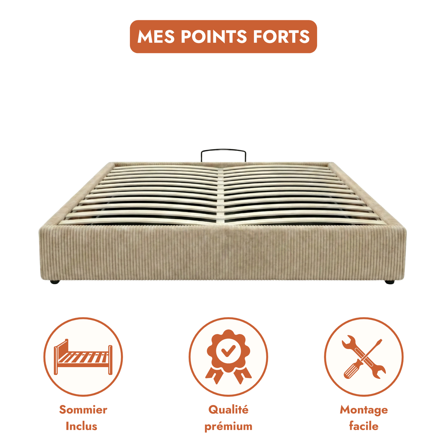 Lit coffre électrique velours côtelé, télécommande, sommier flexible - Collection Futura