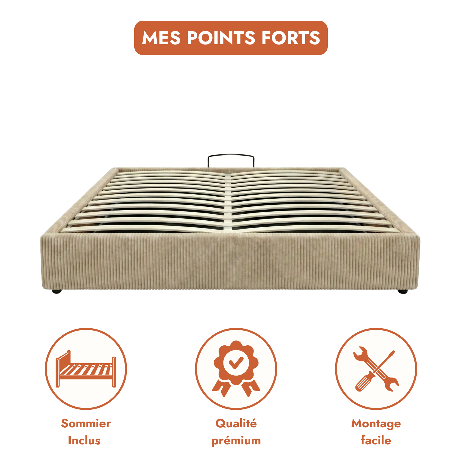 Lit coffre électrique velours côtelé, télécommande, sommier flexible - Collection Futura