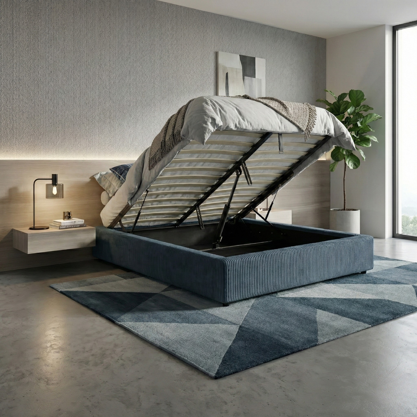 Lit coffre électrique velours côtelé, télécommande, sommier flexible - Collection Futura