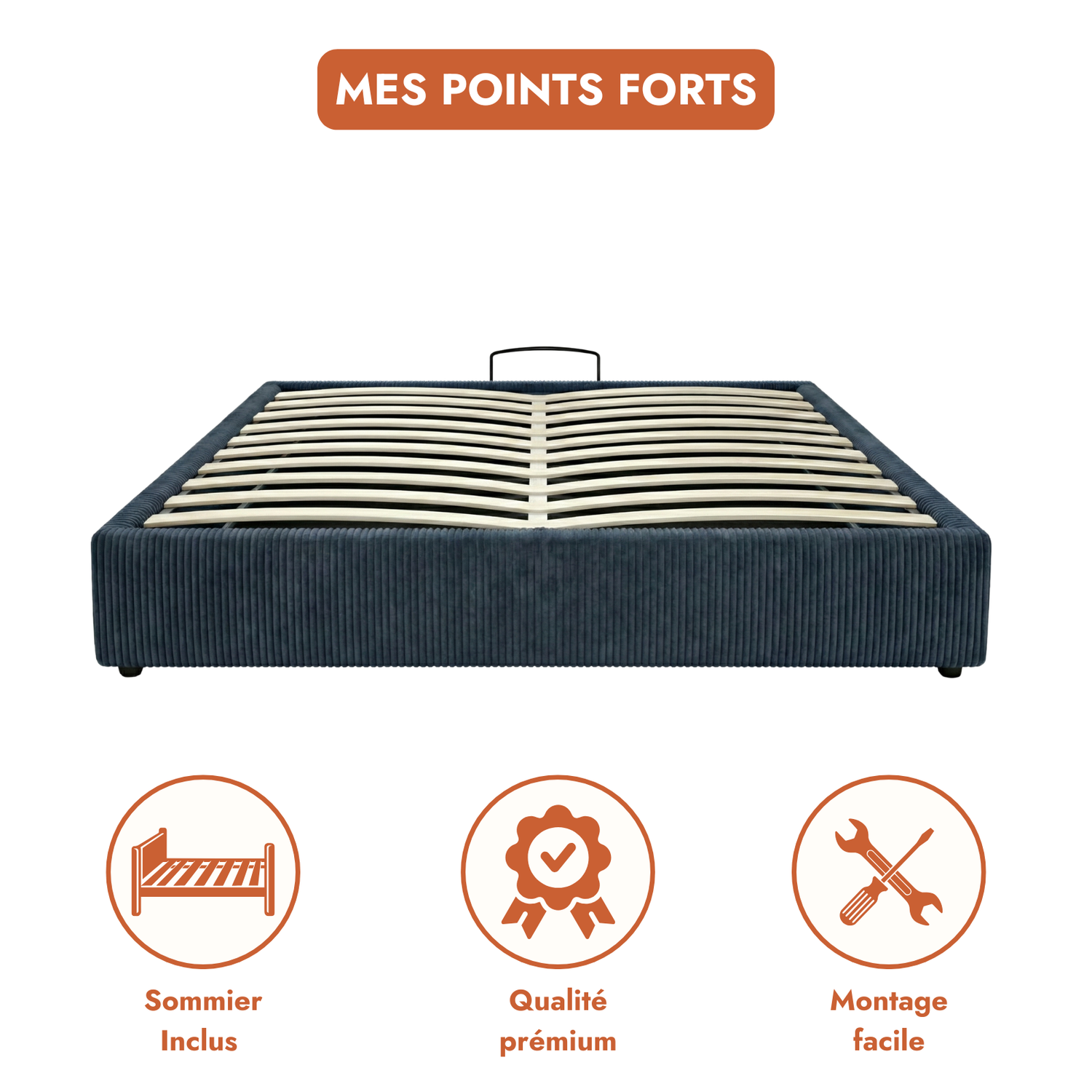 Lit coffre électrique velours côtelé, télécommande, sommier flexible - Collection Futura