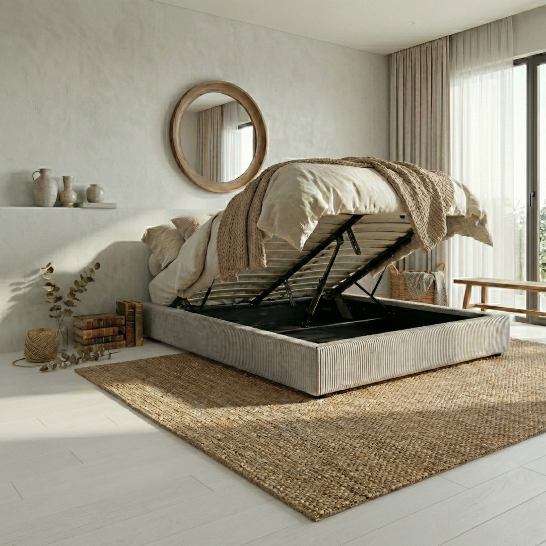 Futura originelles Stauraumbett mit Hubbett, schicker Stoffbezug in Sand: automatisches Öffnen per Fernbedienung und flexibler Lattenrost aus Holz