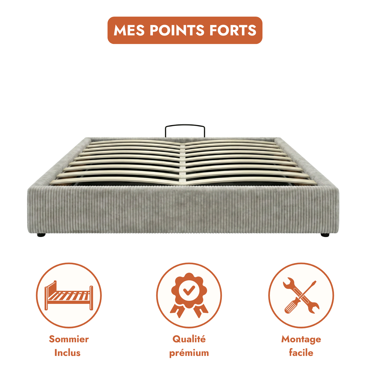 Lit coffre électrique velours côtelé, télécommande, sommier flexible - Collection Futura