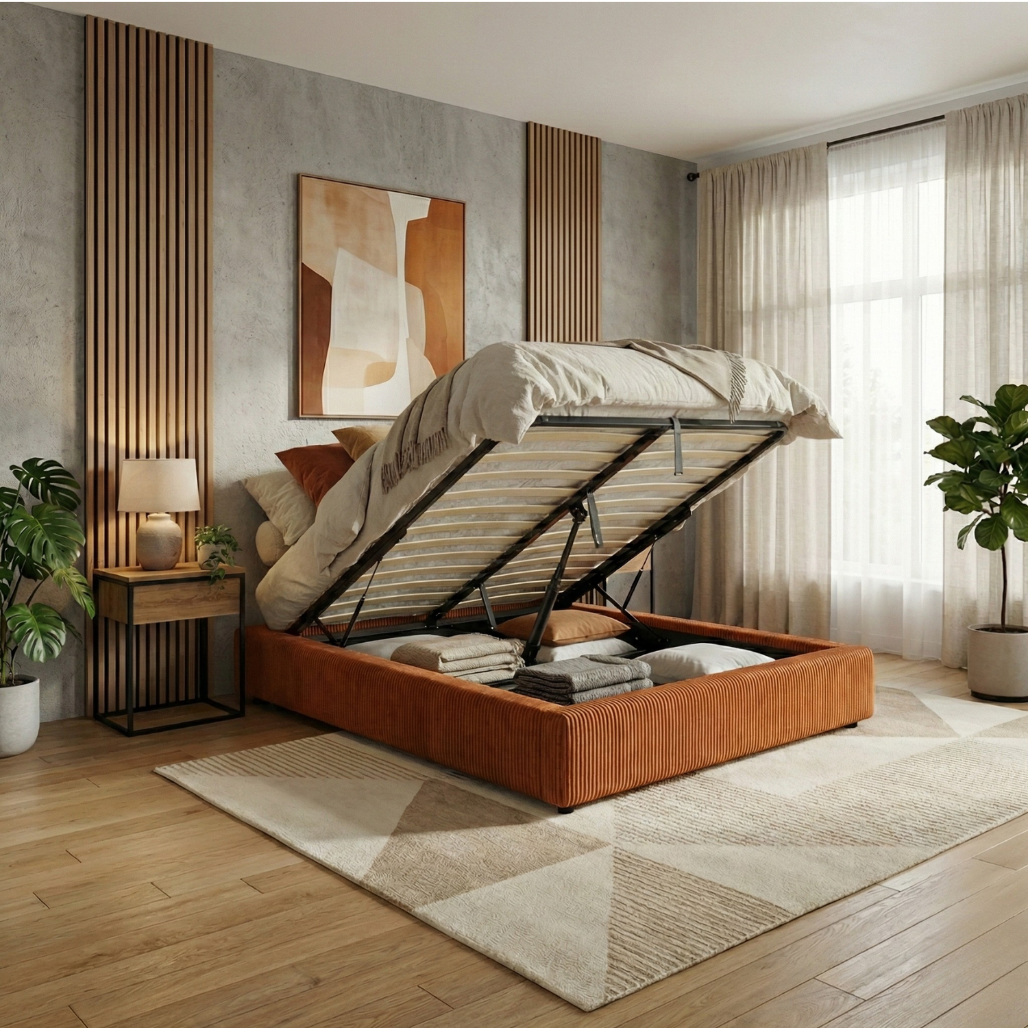 Electric storage bed in corduroy, remote control, flexible base - Futura Collection