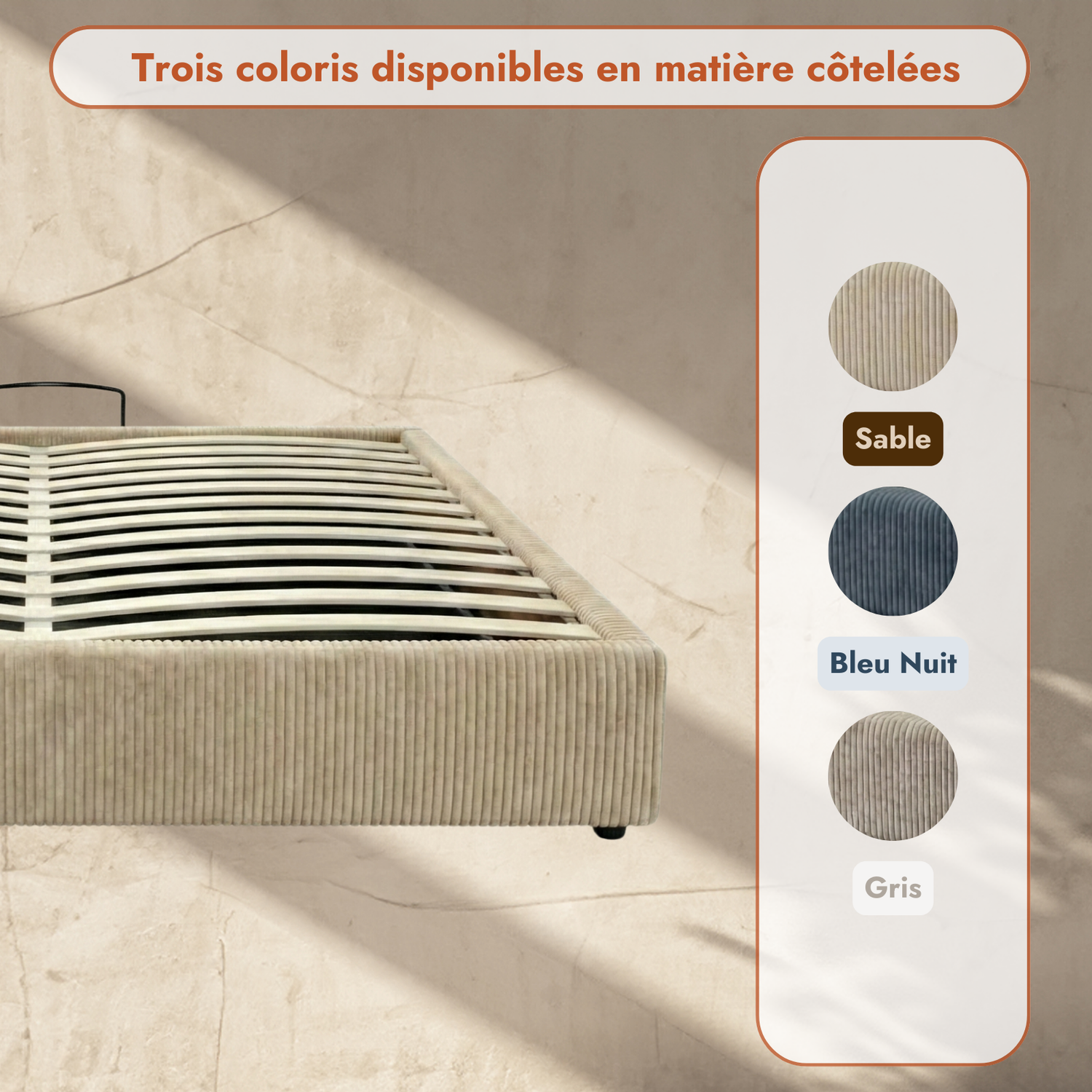 Lit coffre électrique velours côtelé, télécommande, sommier flexible - Collection Futura