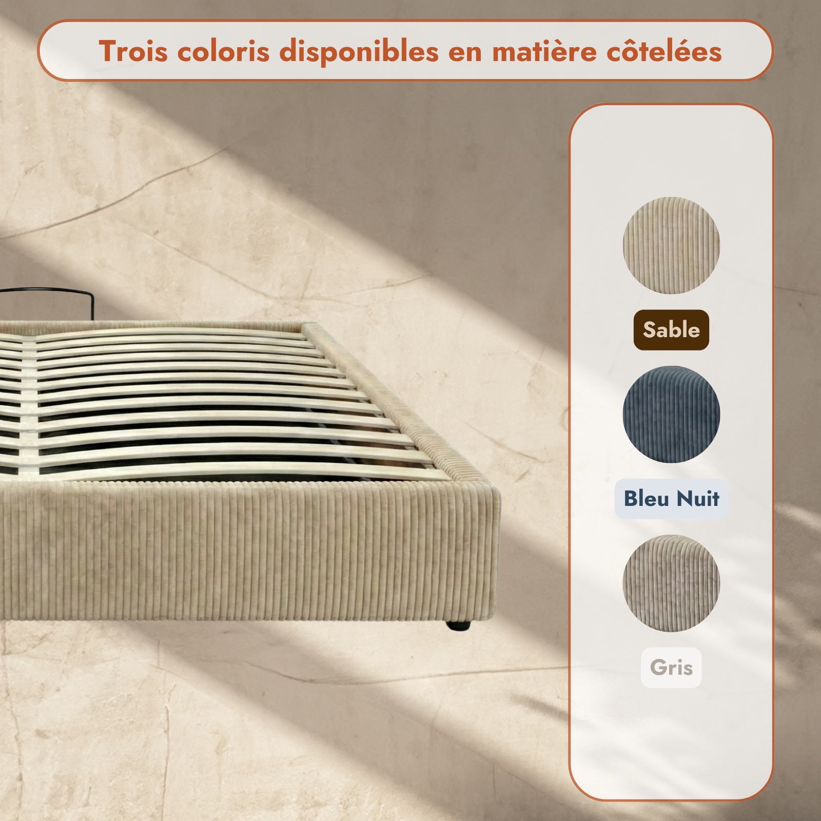 Lit coffre électrique velours côtelé, télécommande, sommier flexible - Collection Futura