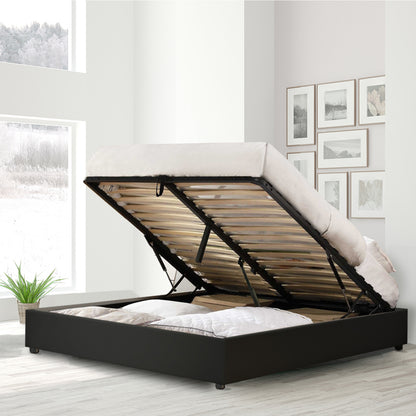 Futura – innovatives Klappbett mit Stauraum und Bezug aus schwarzem Kunstleder: automatisches Öffnen per Fernbedienung und flexibler Lattenrost aus Holz