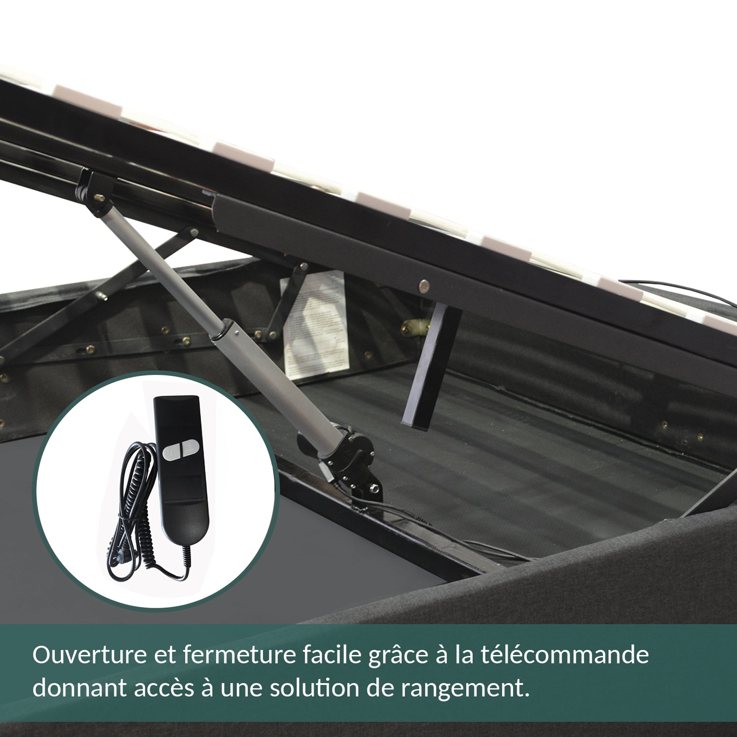 Futura innovatives Hubbett mit Stauraumbett, schicker grauer Stoffbezug: ferngesteuerte automatische Öffnung und flexibler Lattenrost aus Holz