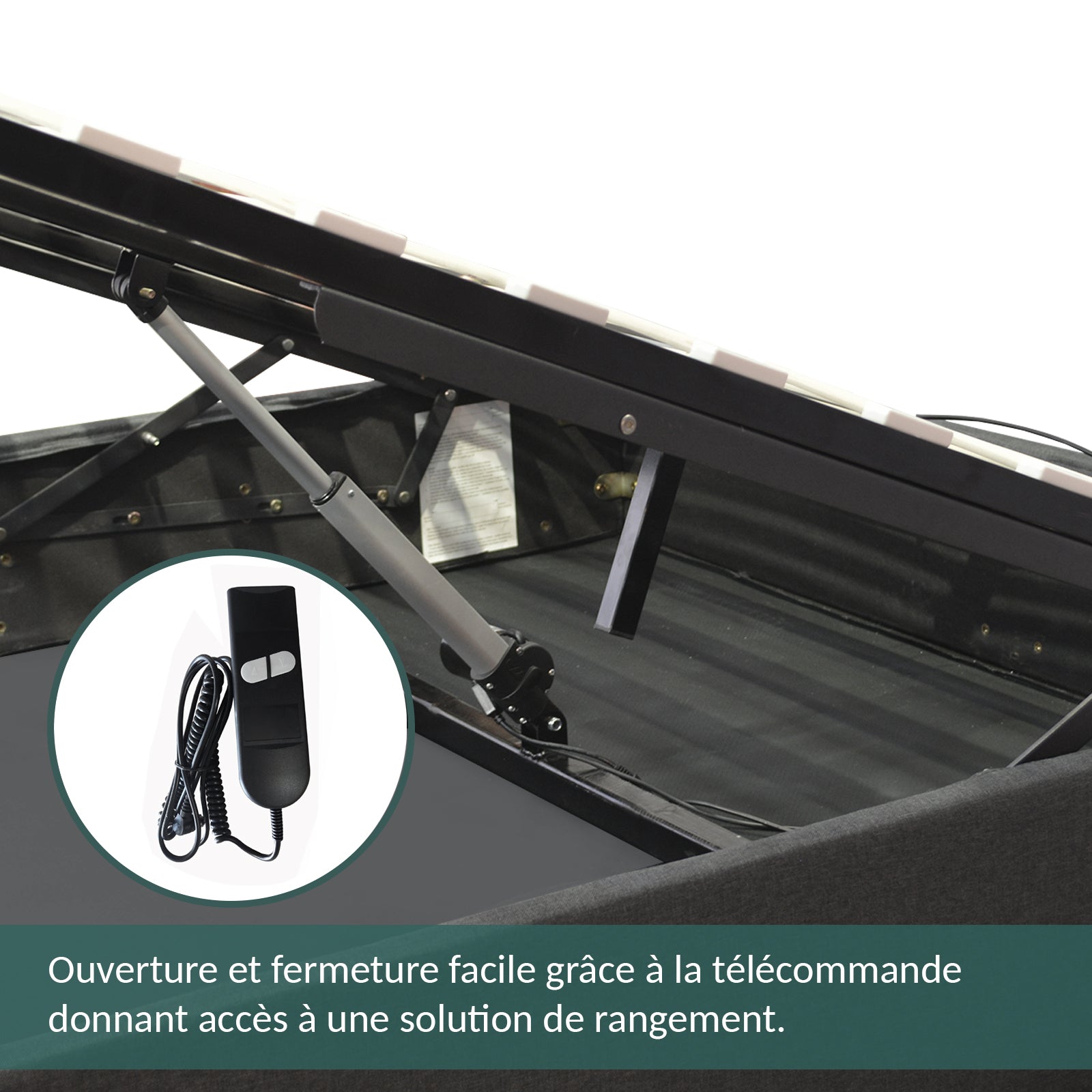 Futura innovatives Hubbett mit Stauraumbett, schicker grauer Stoffbezug: ferngesteuerte automatische Öffnung und flexibler Lattenrost aus Holz