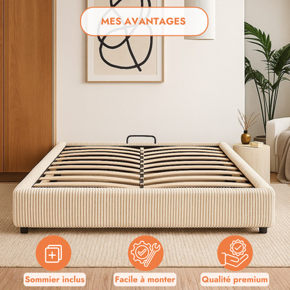 Futura originelles Stauraumbett mit Hubbett, schicker Stoffbezug in Sand: automatisches Öffnen per Fernbedienung und flexibler Lattenrost aus Holz