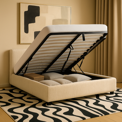Futura originelles Stauraumbett mit Hubbett, schicker Stoffbezug in Sand: automatisches Öffnen per Fernbedienung und flexibler Lattenrost aus Holz
