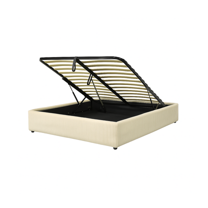 Futura originelles Stauraumbett mit Hubbett, schicker Stoffbezug in Sand: automatisches Öffnen per Fernbedienung und flexibler Lattenrost aus Holz