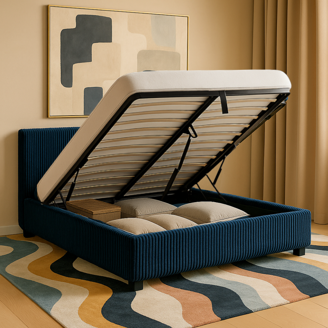 Futura originelles Stauraumbett mit Hubbett, schicker Stoffbezug in Sand: automatisches Öffnen per Fernbedienung und flexibler Lattenrost aus Holz