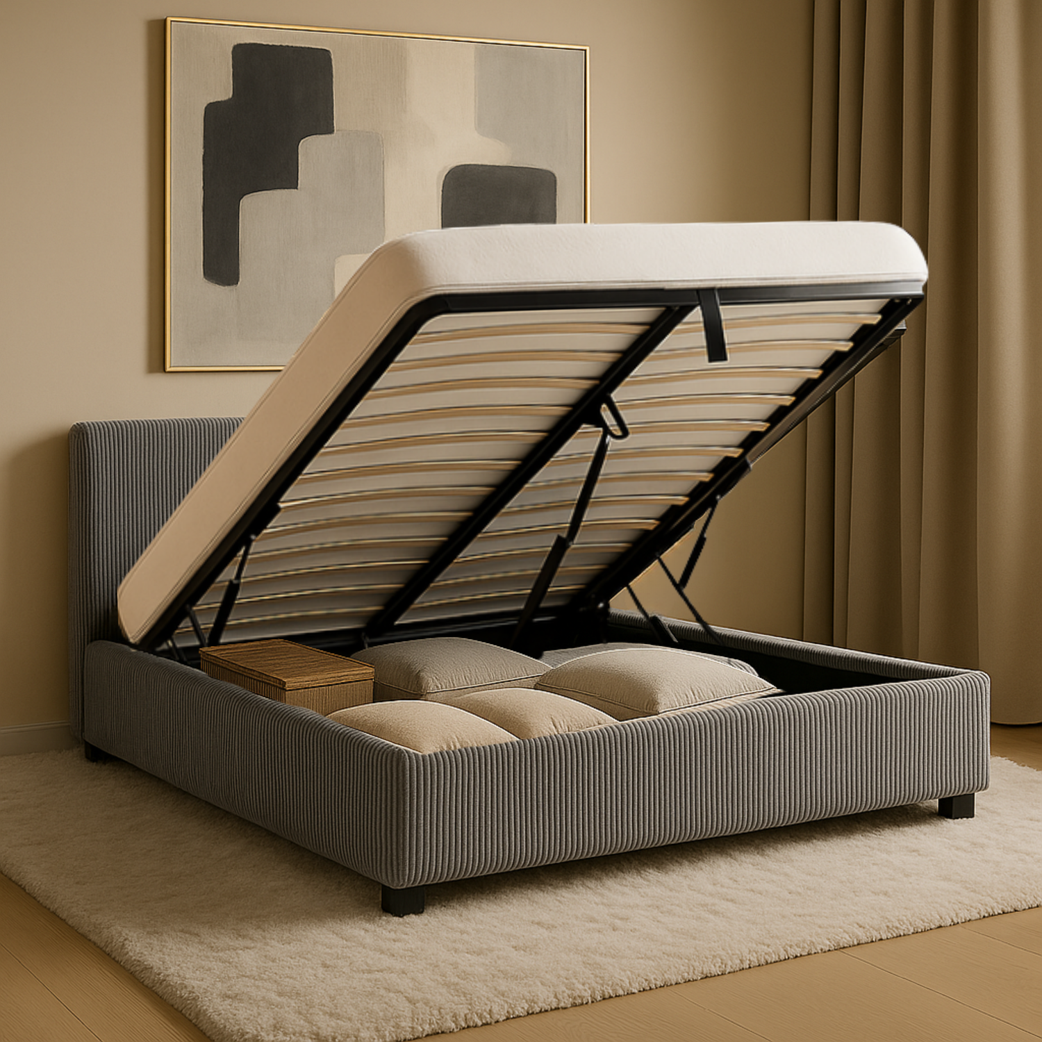 Futura originelles Stauraumbett mit Hubbett, schicker Stoffbezug in Sand: automatisches Öffnen per Fernbedienung und flexibler Lattenrost aus Holz