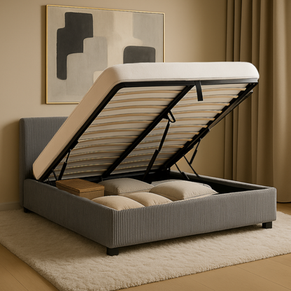Futura originelles Stauraumbett mit Hubbett, schicker Stoffbezug in Sand: automatisches Öffnen per Fernbedienung und flexibler Lattenrost aus Holz