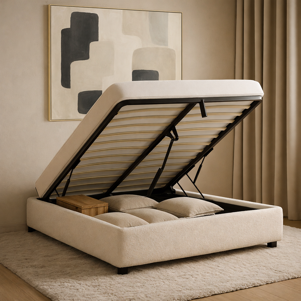 Futura originelles Stauraumbett mit Hubbett, schicker Stoffbezug in Sand: automatisches Öffnen per Fernbedienung und flexibler Lattenrost aus Holz