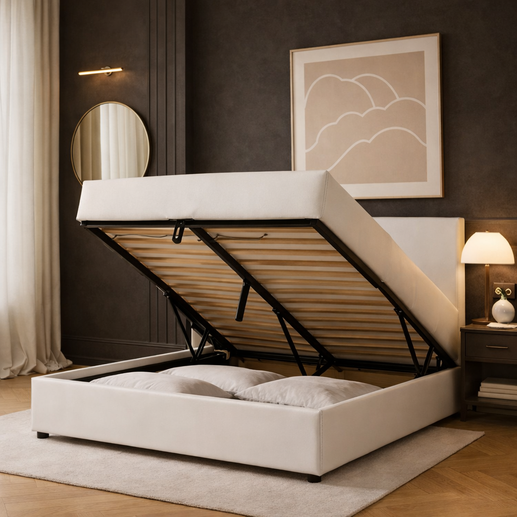 Futura – innovatives Klappbett mit Stauraum und Bezug aus weißem Kunstleder: automatisches Öffnen per Fernbedienung und flexibler Lattenrost aus Holz