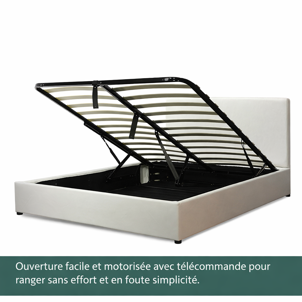 Futura – innovatives Klappbett mit Stauraum und Bezug aus weißem Kunstleder: automatisches Öffnen per Fernbedienung und flexibler Lattenrost aus Holz
