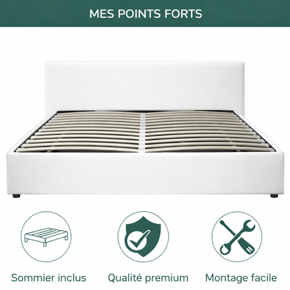Futura – innovatives Klappbett mit Stauraum und Bezug aus weißem Kunstleder: automatisches Öffnen per Fernbedienung und flexibler Lattenrost aus Holz