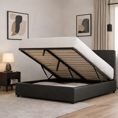 Futura – innovatives Klappbett mit Stauraum und Bezug aus weißem Kunstleder: automatisches Öffnen per Fernbedienung und flexibler Lattenrost aus Holz