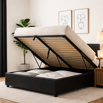 Futura – innovatives Klappbett mit Stauraum und Bezug aus weißem Kunstleder: automatisches Öffnen per Fernbedienung und flexibler Lattenrost aus Holz