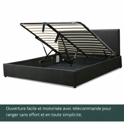 Futura – innovatives Klappbett mit Stauraum und Bezug aus weißem Kunstleder: automatisches Öffnen per Fernbedienung und flexibler Lattenrost aus Holz