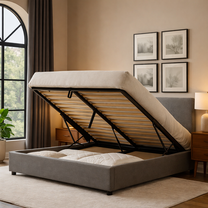 Futura originelles Stauraumbett mit Hubbett, schicker Stoffbezug in Sand: automatisches Öffnen per Fernbedienung und flexibler Lattenrost aus Holz