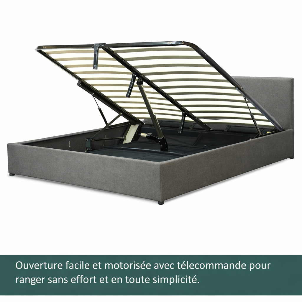 Futura originelles Stauraumbett mit Hubbett, schicker Stoffbezug in Sand: automatisches Öffnen per Fernbedienung und flexibler Lattenrost aus Holz