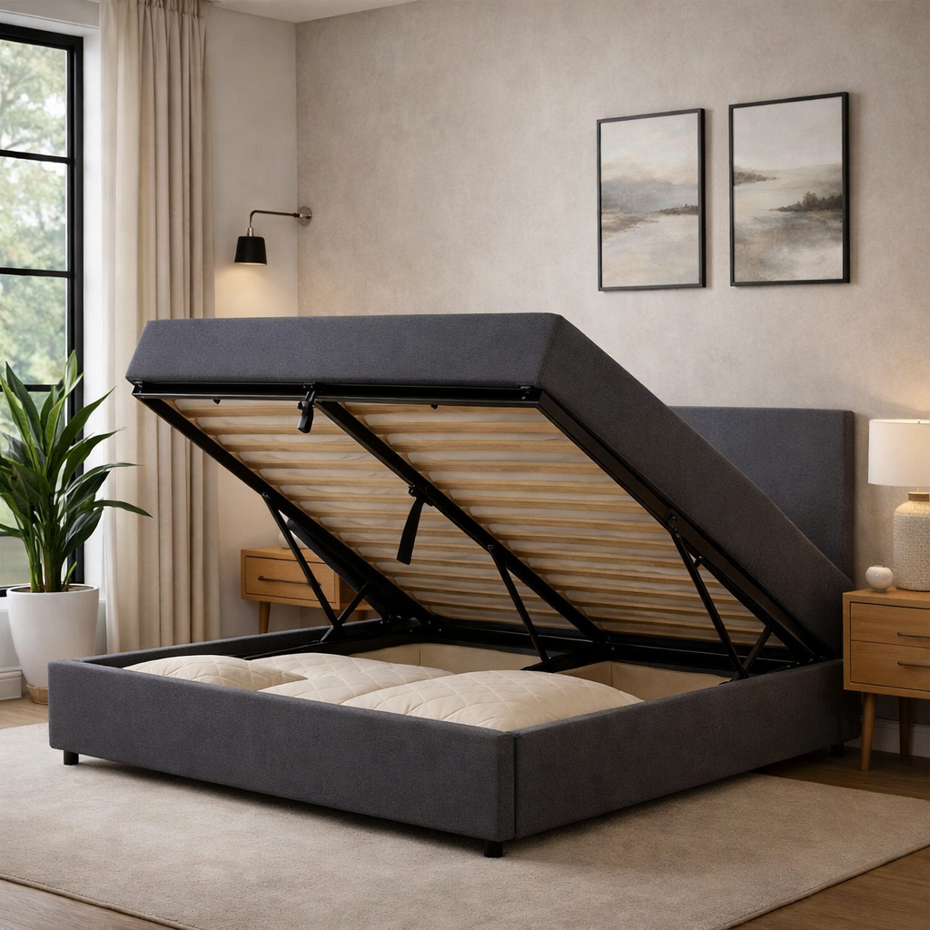 Futura originelles Stauraumbett mit Hubbett, schicker Stoffbezug in Sand: automatisches Öffnen per Fernbedienung und flexibler Lattenrost aus Holz