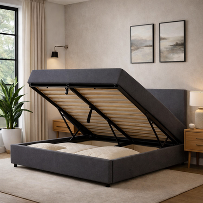Futura originelles Stauraumbett mit Hubbett, schicker Stoffbezug in Sand: automatisches Öffnen per Fernbedienung und flexibler Lattenrost aus Holz