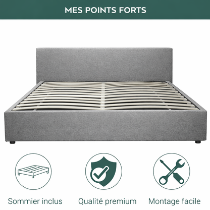 Futura originelles Stauraumbett mit Hubbett, schicker Stoffbezug in Sand: automatisches Öffnen per Fernbedienung und flexibler Lattenrost aus Holz
