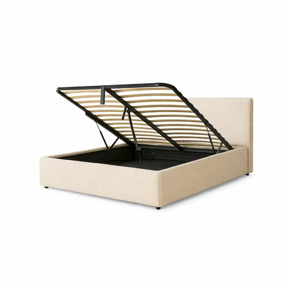 Futura originelles Stauraumbett mit Hubbett, schicker Stoffbezug in Sand: automatisches Öffnen per Fernbedienung und flexibler Lattenrost aus Holz