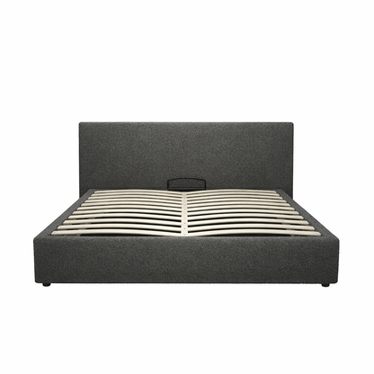 Futura originelles Stauraumbett mit Hubbett, schicker Stoffbezug in Sand: automatisches Öffnen per Fernbedienung und flexibler Lattenrost aus Holz